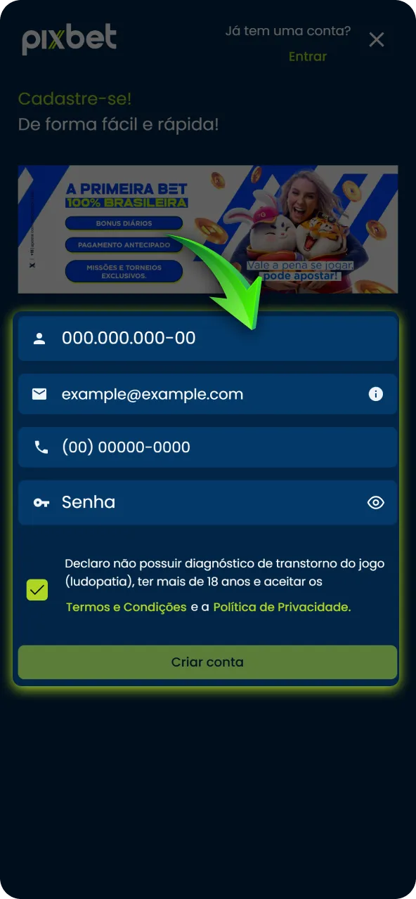 Abra o aplicativo instalado no Android e faça login na sua conta oficial Pixbet.