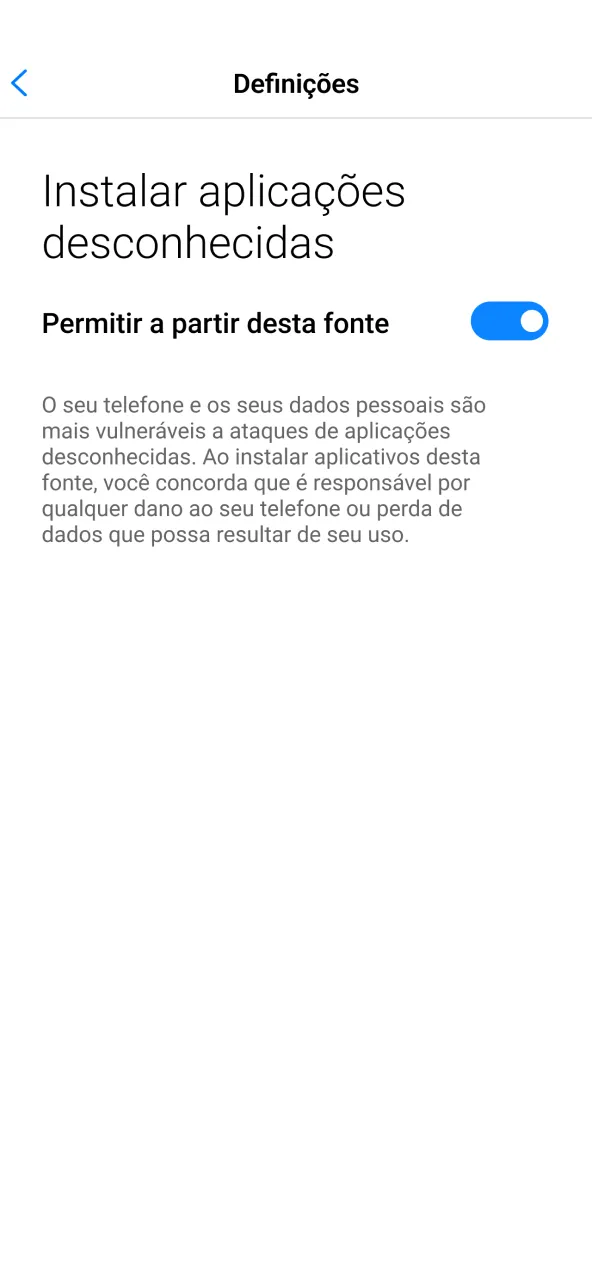 Permita a instalação de fontes desconhecidas nas configurações do Android para o aplicativo Pixbet.