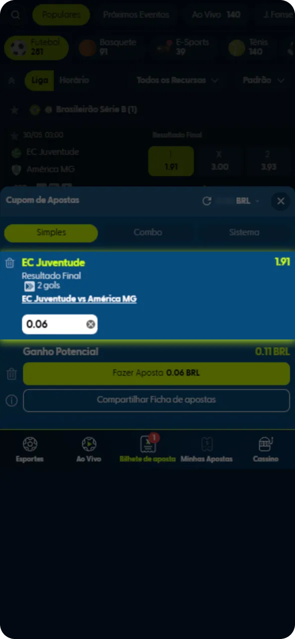 Defina o valor do seu palpite no cupom dentro do aplicativo Pixbet de apostas.