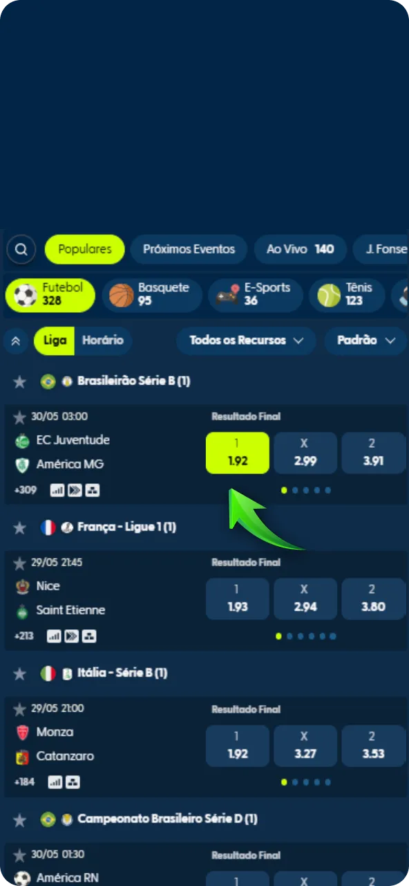 Escolha o evento esportivo desejado para palpitar através do aplicativo Pixbet oficial.
