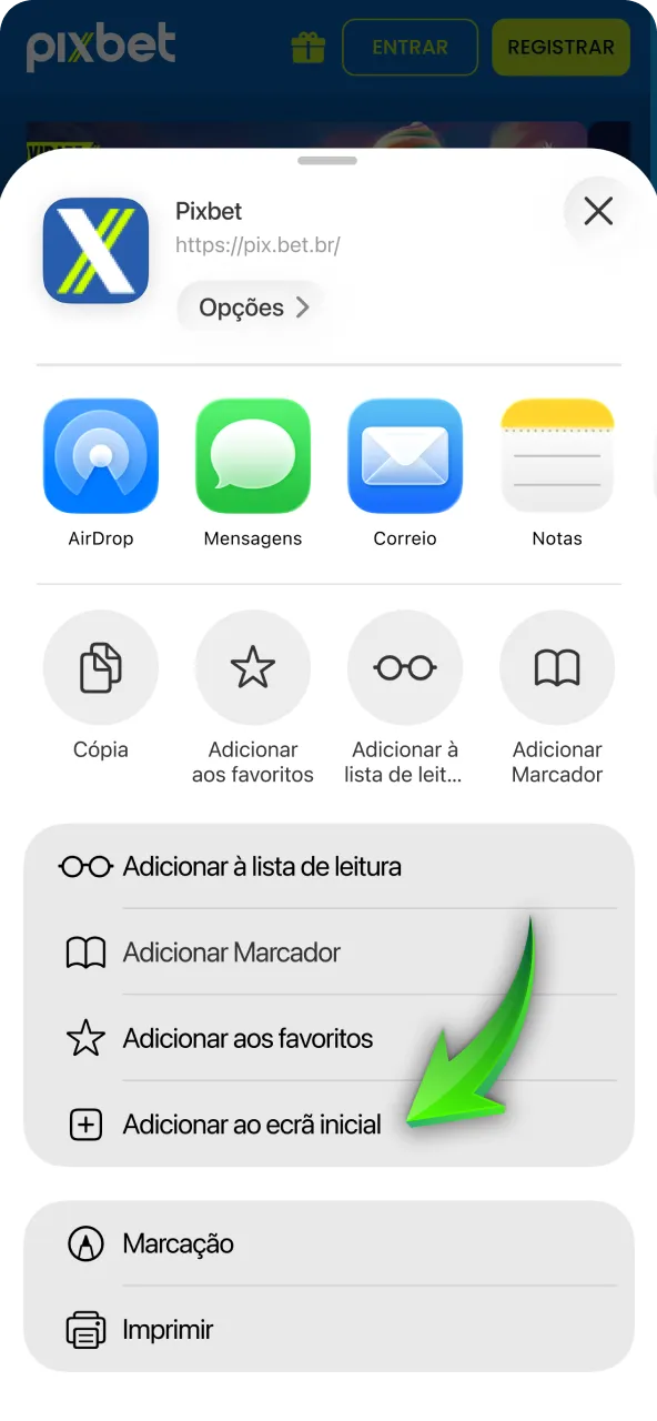 Adicione o atalho PWA à tela de início do seu dispositivo iOS para o aplicativo Pixbet.