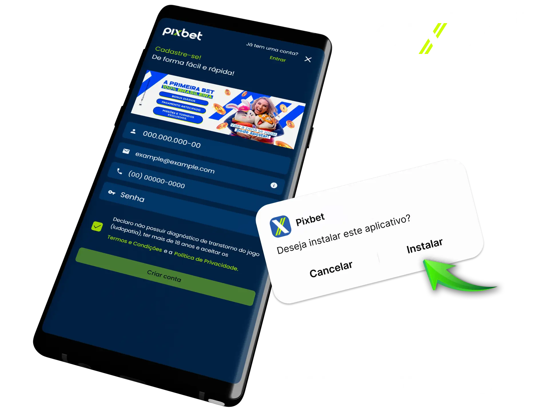Instale o aplicativo Pixbet para Android e faça suas apostas direto pelo celular.