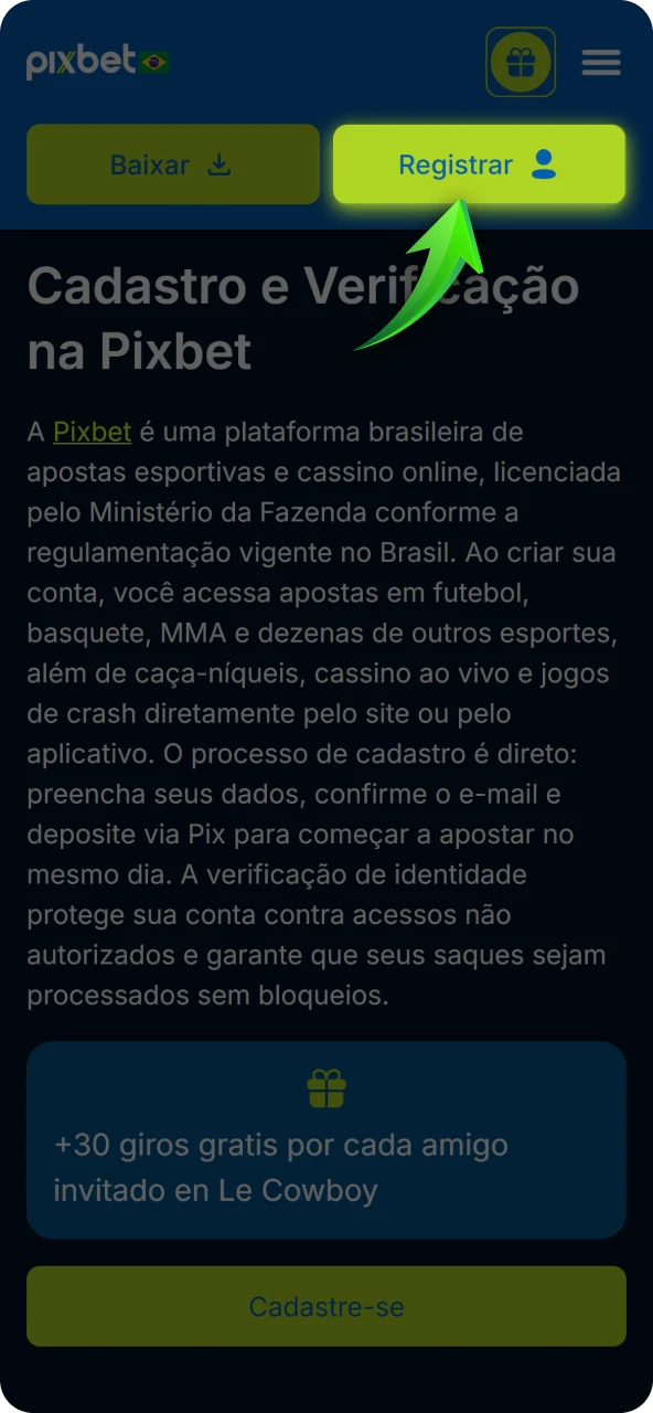Clique no botão de cadastro na página inicial para abrir o formulário de registro da plataforma.