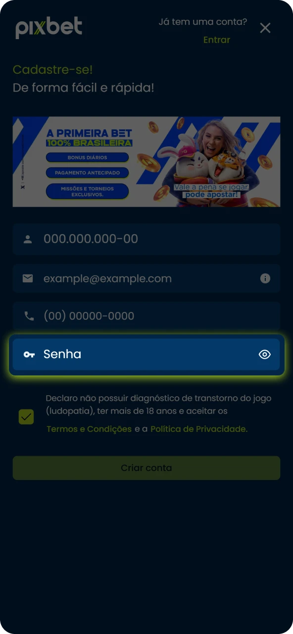 Crie uma senha segura combinando caracteres para proteger o seu perfil de apostas na Pixbet.