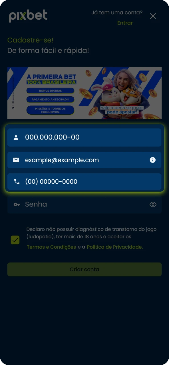 Informe seus dados pessoais solicitados corretamente para garantir a validação da sua conta.