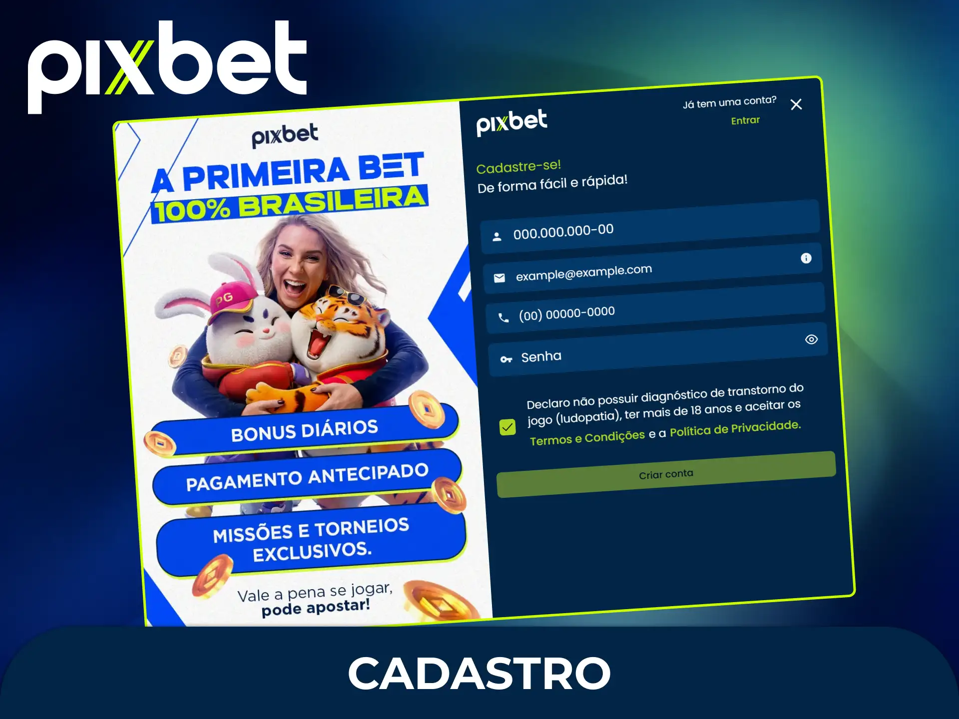 Crie o seu cadastro na Pixbet Brasil para começar a fazer apostas esportivas e jogar no cassino.