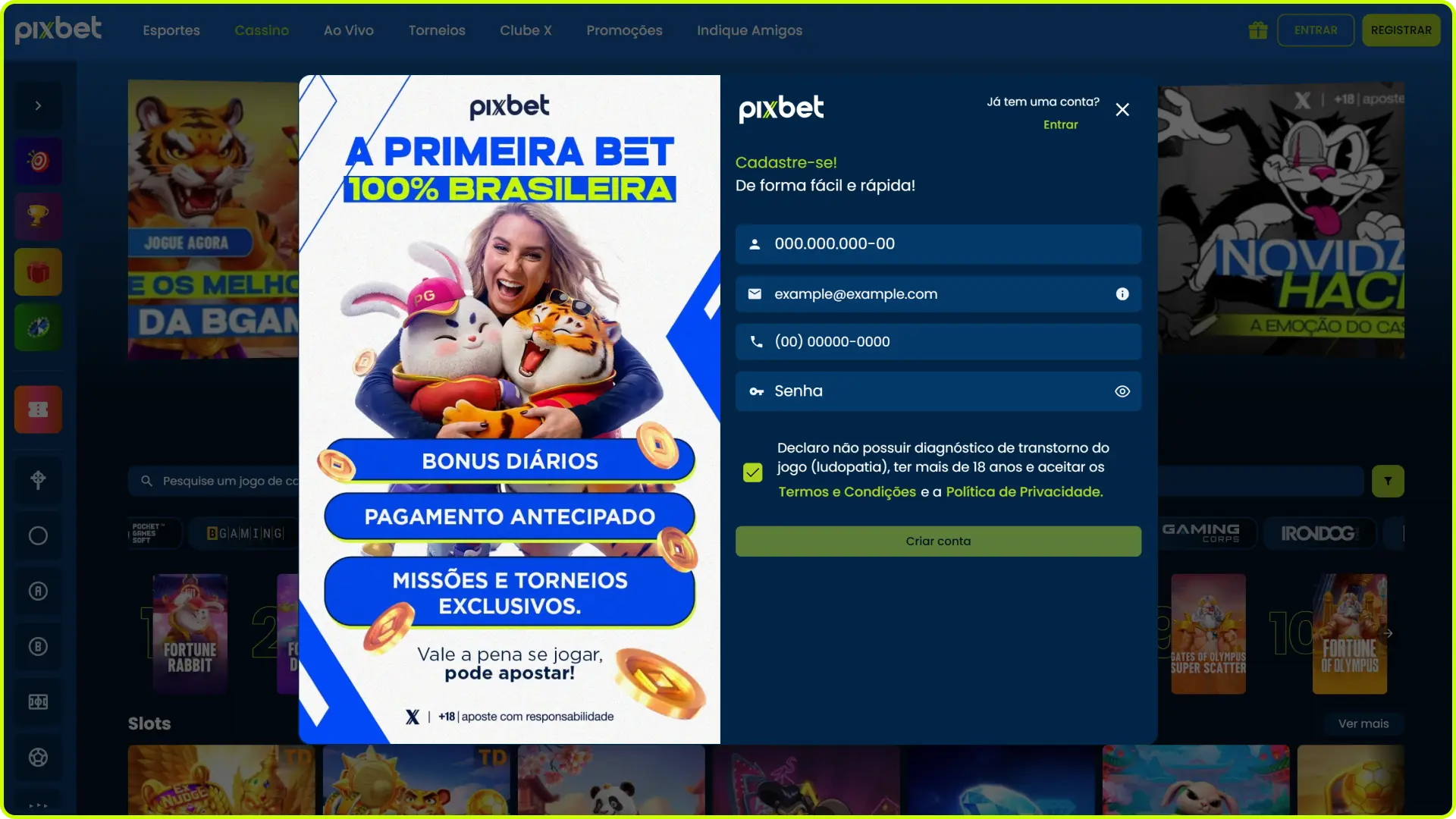 Abra o formulário de cadastro na Pixbet Brasil para criar sua conta oficial.