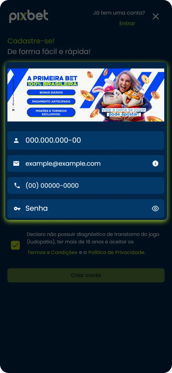 Complete o registro preenchendo as informações necessárias de forma rápida e segura na Pixbet Brasil.