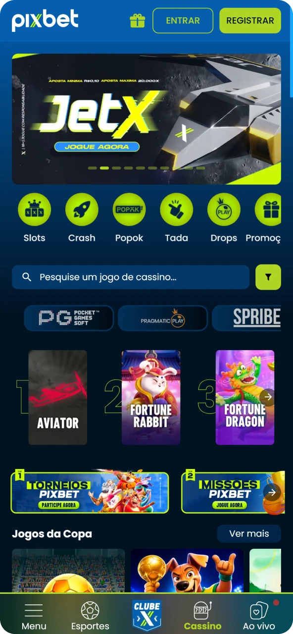 Tela inicial do aplicativo oficial Pixbet com os principais destaques, banners informativos e navegação rápida.