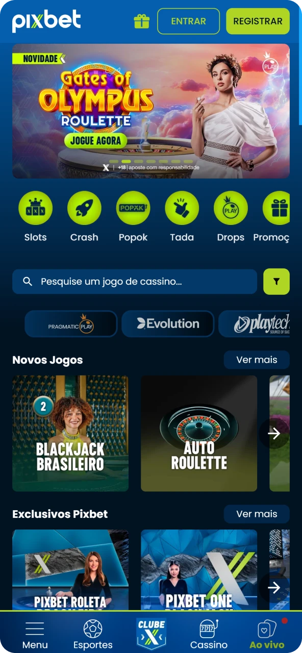 Seção de cassino no aplicativo Pixbet destacando os jogos de crash, slots e mesas ao vivo mais populares.
