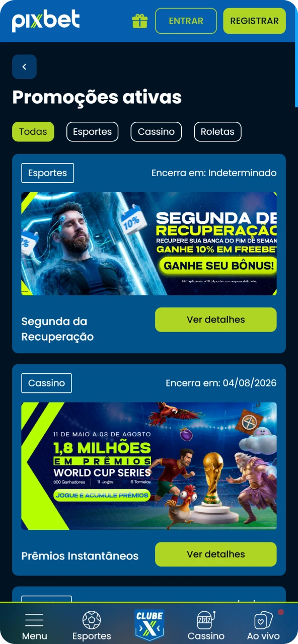 Tela de promoções do aplicativo Pixbet mostrando os bônus ativos e as ofertas especiais disponíveis.