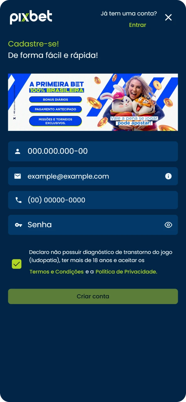 Formulário de registro no app Pixbet com os campos para preenchimento de dados e criação de conta.