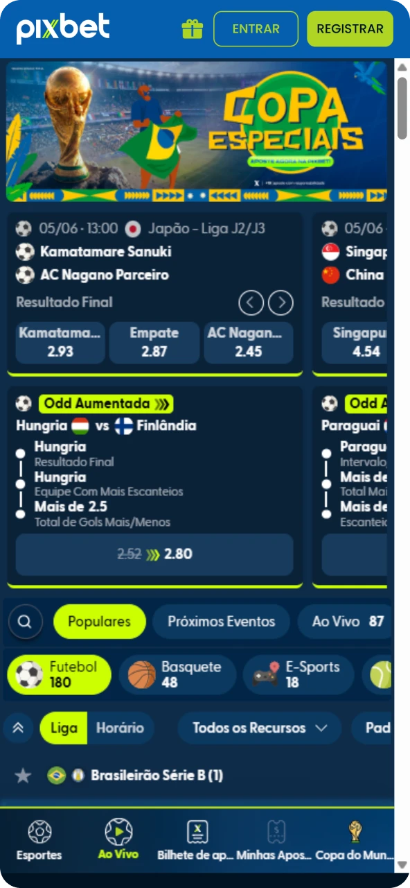 Página de apostas esportivas do app Pixbet exibindo a lista de esportes, campeonatos e mercados disponíveis.