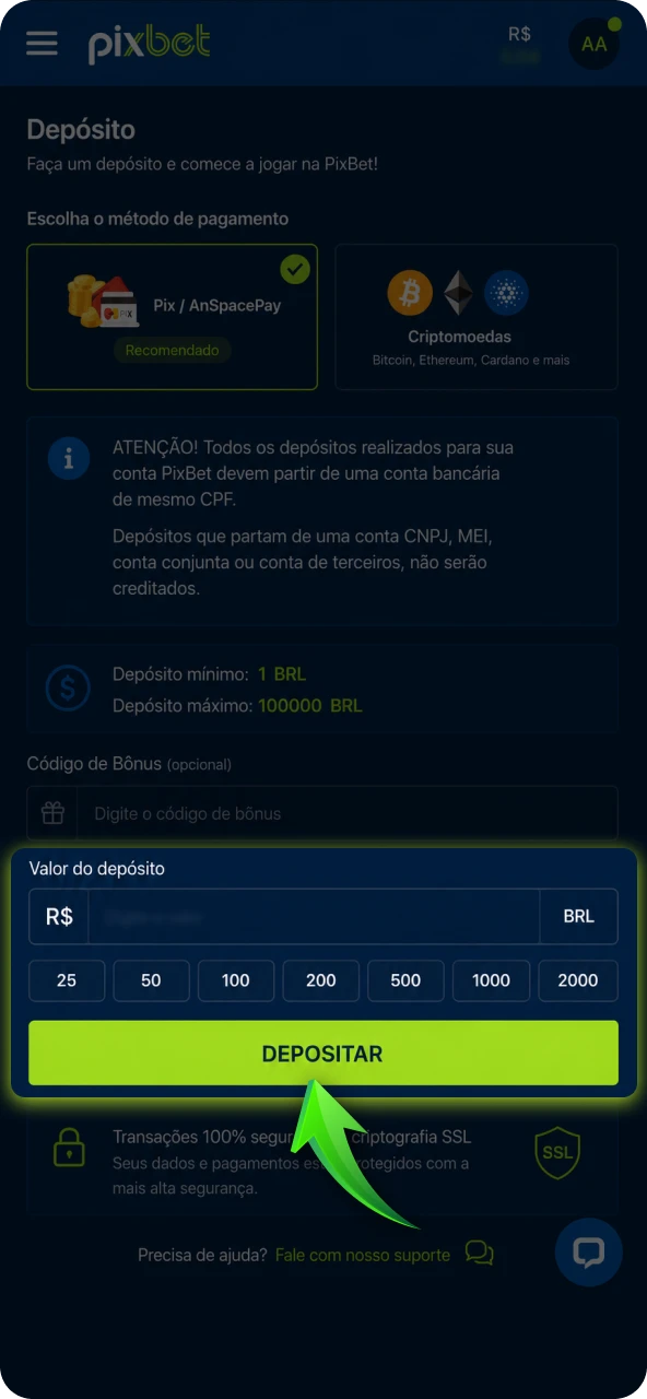 Faça um depósito na sua conta utilizando as opções disponíveis para liberar o seu saldo de apostas.