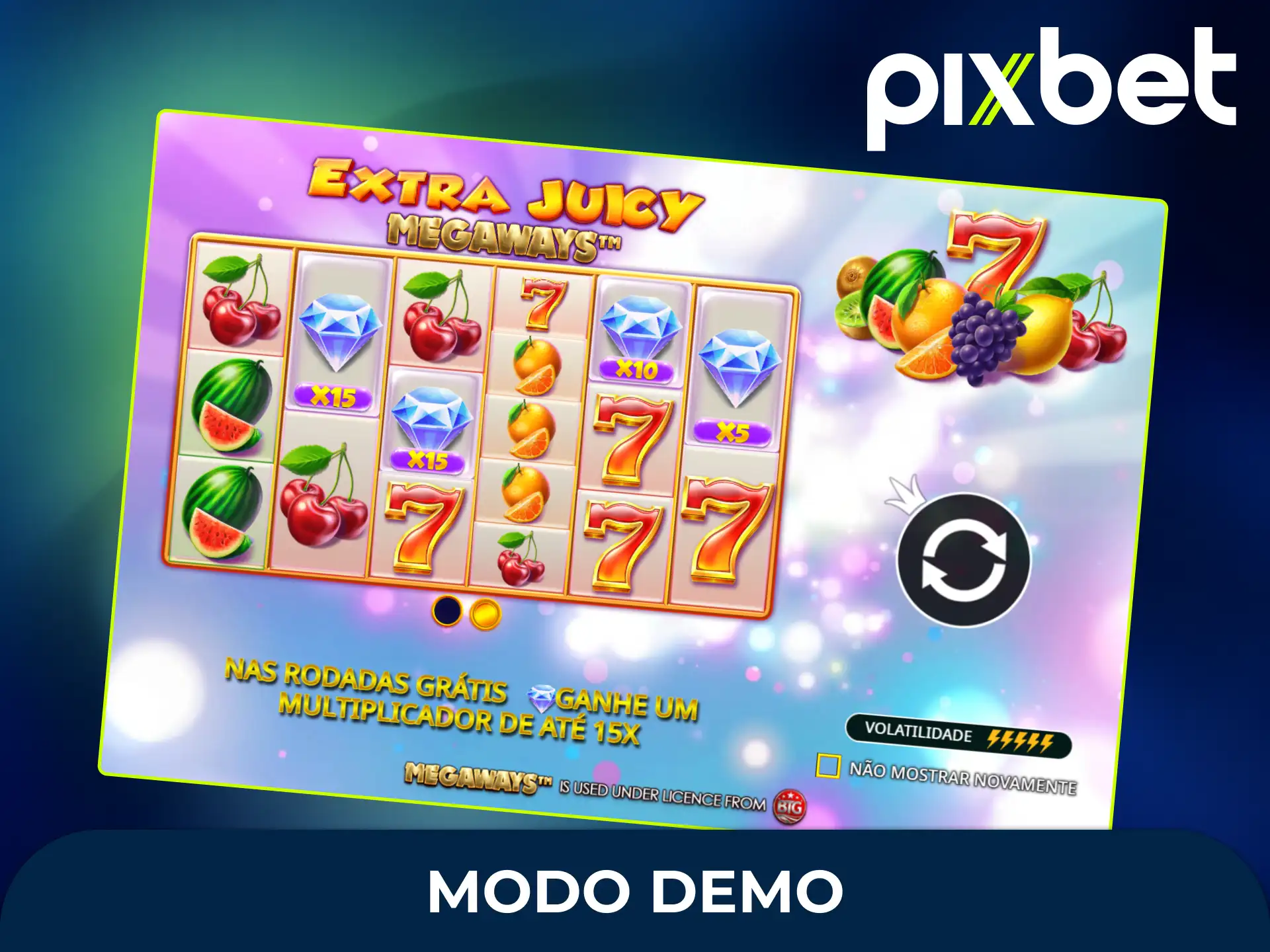 Experimente o modo demo do Extra Juicy Megaways e jogue grátis para testar o jogo de bônus e conhecer o funcionamento dos multiplicadores sem gastar nada.