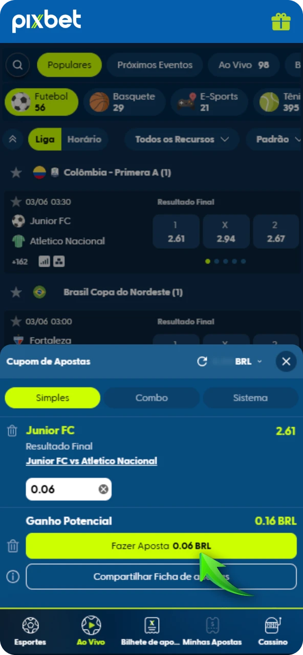 Confirme a aposta inserindo o valor do palpite no bilhete e finalize a operação.