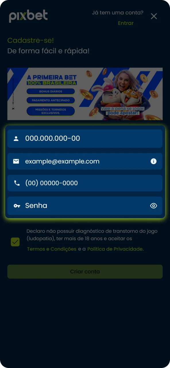 Crie sua conta preenchendo o formulário de registro no site oficial em poucos minutos.