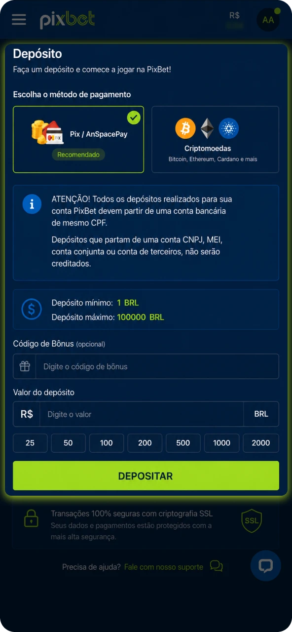 Faça um depósito na sua conta utilizando o Pix para garantir saldo imediato antes da próxima decolagem.