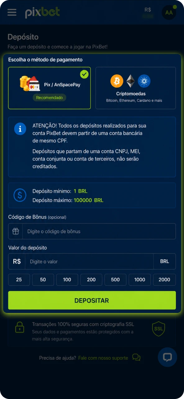 Faça um depósito na sua conta utilizando os métodos disponíveis para ter saldo antes de começar a girar.