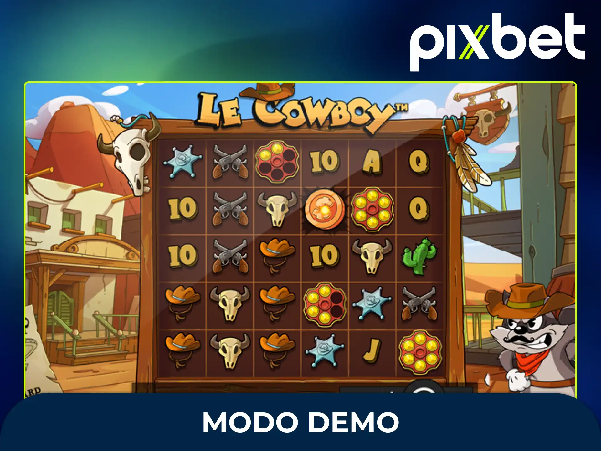 Experimente o modo demo do Le Cowboy e jogue grátis para conhecer todos os recursos e símbolos do Velho Oeste sem riscos.