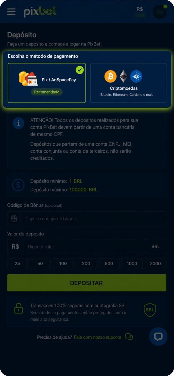 Escolha o método de pagamento ideal para a sua transação na área de depósitos da plataforma.