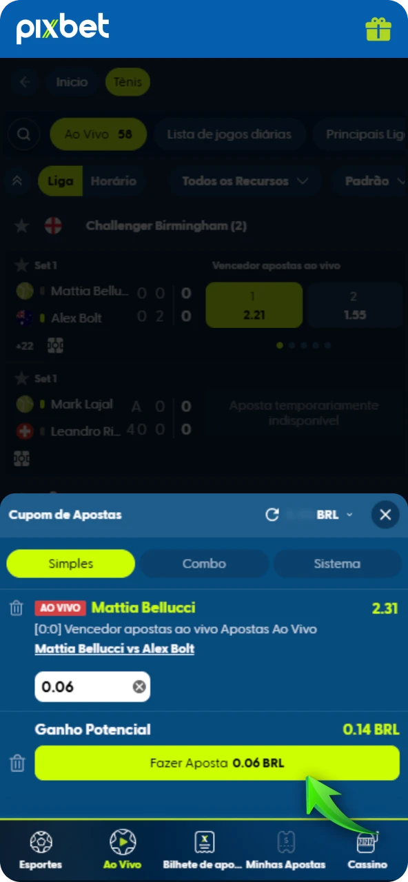 Selecione o mercado ideal para o seu palpite, defina o valor no bilhete e confirme a aposta.