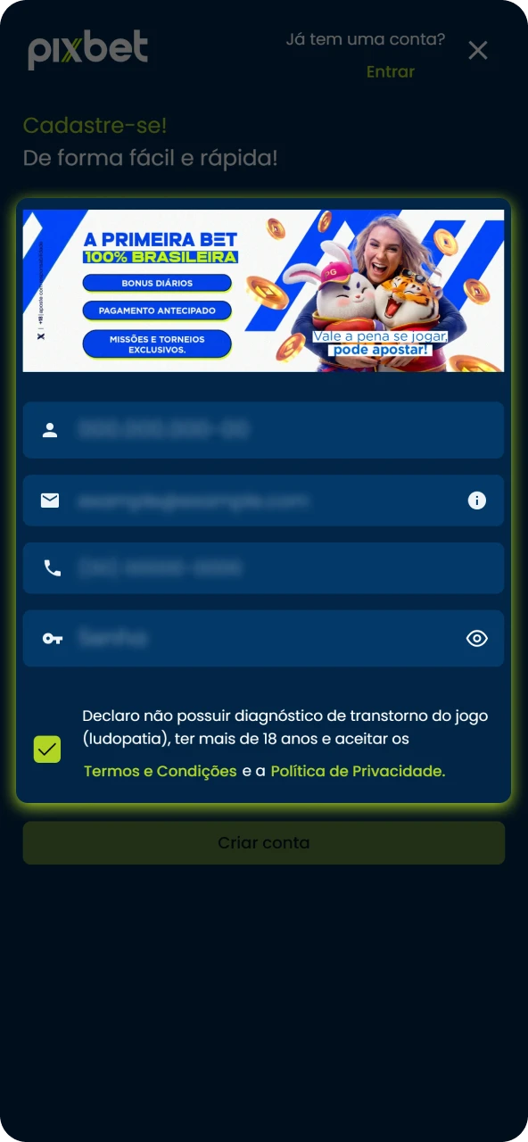 Crie sua conta na Pixbet preenchendo o formulário de cadastro na plataforma oficial em instantes.