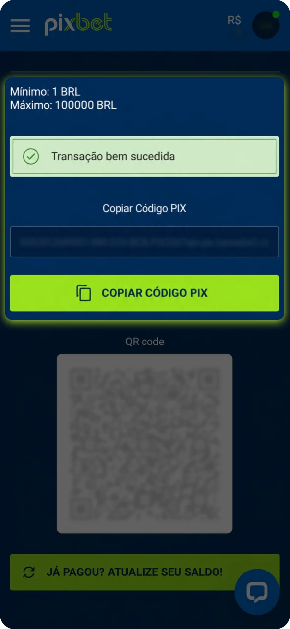 Faça um depósito via Pix para ter saldo em conta de forma imediata e sem taxas.