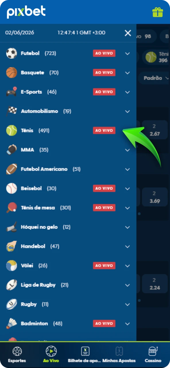 Acesse a seção esportes e selecione tênis no menu de modalidades para abrir a lista de jogos.
