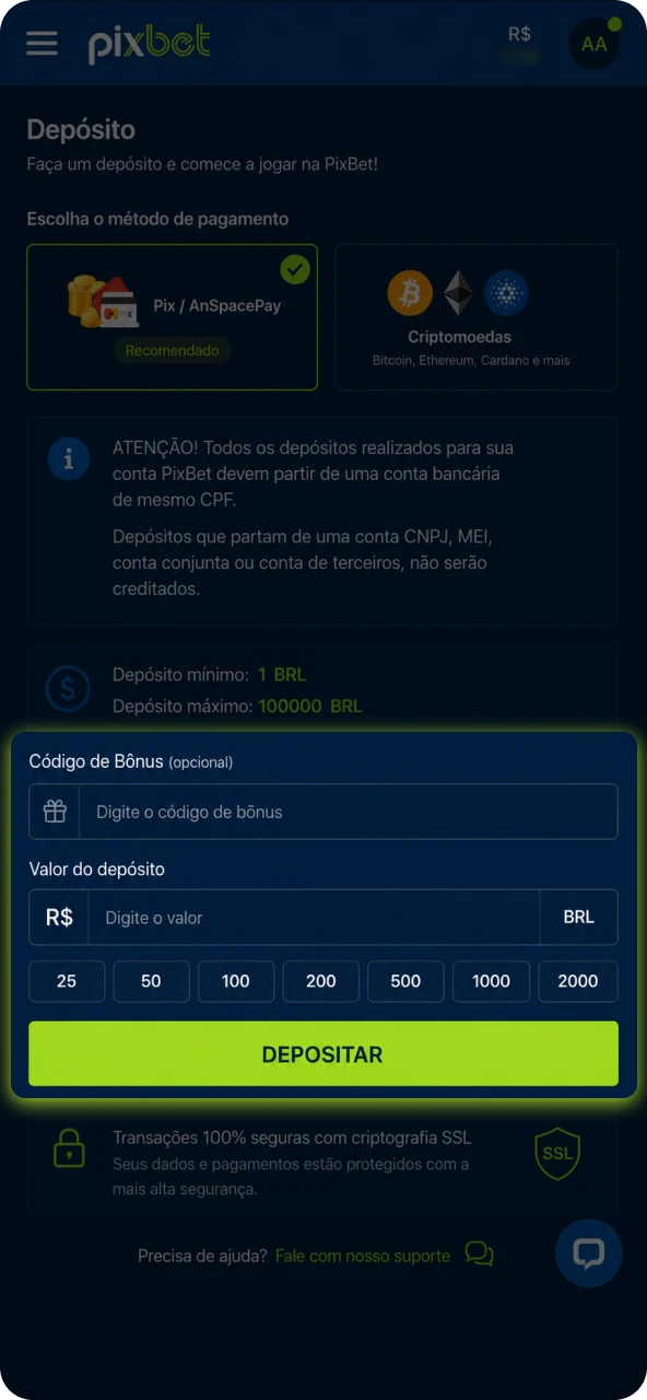 Faça um depósito na sua conta para ter saldo disponível e começar a realizar as suas rodadas.